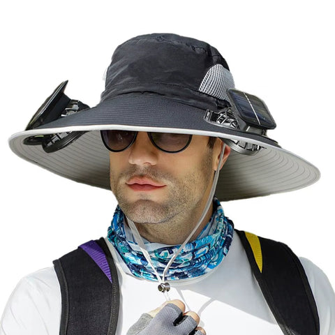 1 Set Outdoor Sun Hat with 2 Fan Large Brim Windproof Strap Solar or USB Charging anti UV Sun Outdoor Fishing Cap