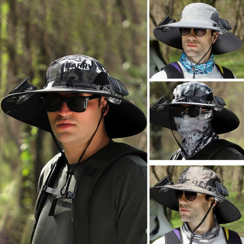 1 Set Outdoor Sun Hat with 2 Fan Large Brim Windproof Strap Solar or USB Charging anti UV Sun Outdoor Fishing Cap